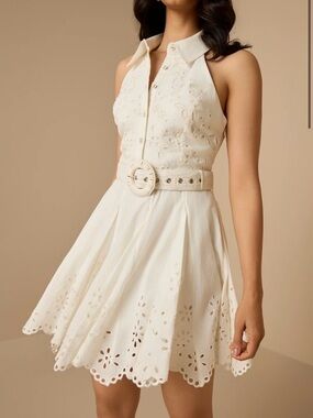 Hemant and Nandita Cream Eyelet Halter Mini Dress with Belt